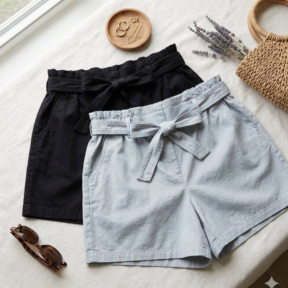 GEORGE Black and Blue High Rise Flowy Cotton Paper Bag Belted Shorts - Size 2X